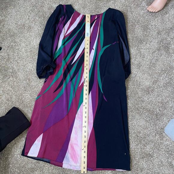 Elie Tahari dress Silk Blend Black Multicolor Sheath 3/4 Split Sleeve SZ LG - Picture 6 of 11